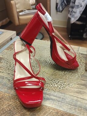 Elisabet Tang Red Patent Strappy Block Heel Sandals by